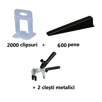 Pachet nivelare gresie CONFORT 20 DUO - 2000 clipsuri 1 mm, 600 pene, 2 clestI metalicI (pachet 2 persoane) Pachet nivelare gresie CONFORT 20 DUO - 2000 clipsuri 1 mm, 600 pene, 2 clestI metalicI (pachet 2 persoane)