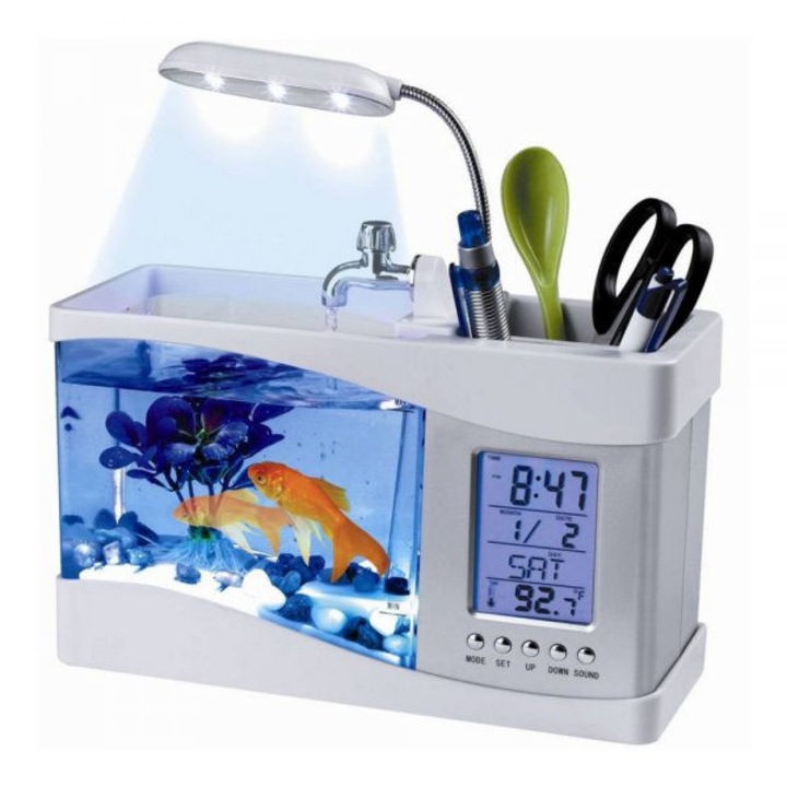 Soundvox ACB-WHITE Irodai akvárium LCD-vel, vízpumpa, meteorológiai állomás, lámpa, 6 hang, fehér