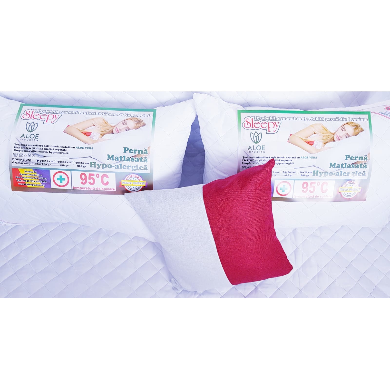 Set doua Perne matlasate, tratate cu Aloe Vera, Hypo-Alergice, 50x70 cm + o perna 40x40 cm CADOU