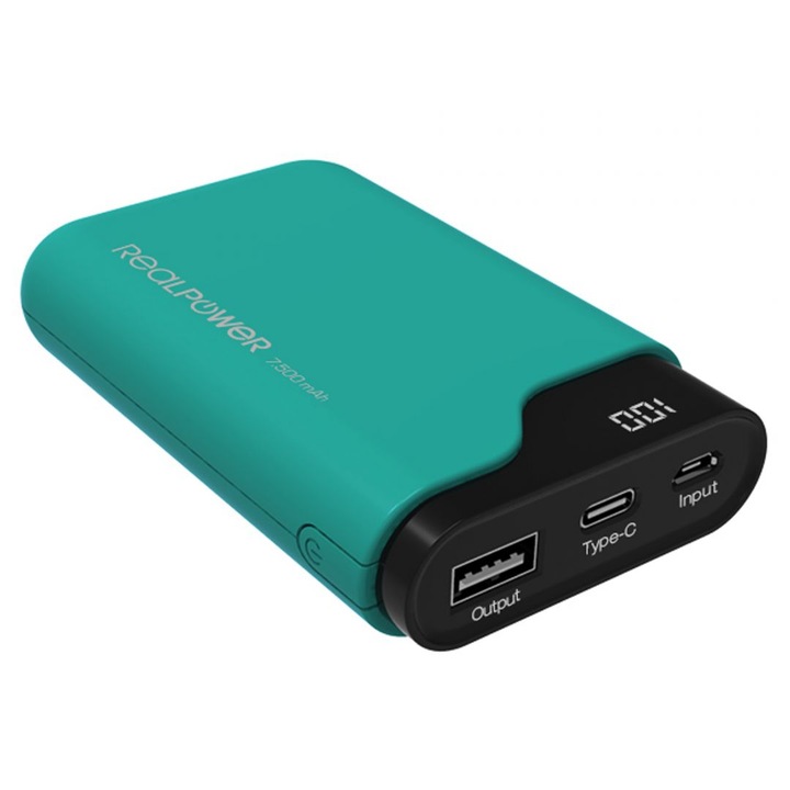 Powerbank, Realpower, PB-7500C, 7500mAh, zöld