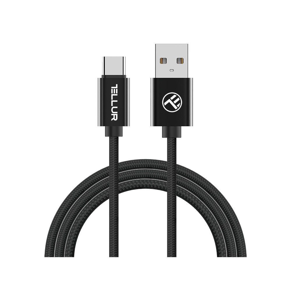 Cablu de date si incarcare EVO Tellur cu mufa USB type C, panzat, negru, 2m