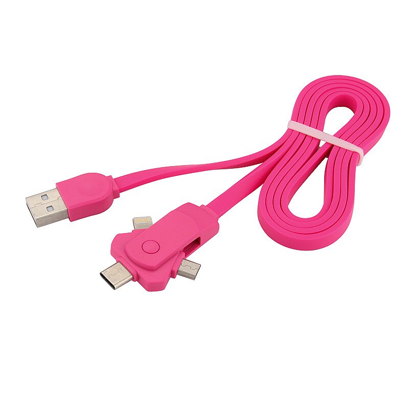 Cablu 3 in 1 rotativ cu conector Micro USB, type C, Lightning, 1 m lungime, Roz, BBL815