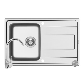 Set Pyramis ALEA si baterie BELLO, 1 cuva 1 picurator, 790x500mm, adancime 180mm, reversibila, pipa inalta, finisaj inox antizgariere si cromat Set Pyramis ALEA si baterie BELLO, 1 cuva 1 picurator, 790x500mm, adancime 180mm, reversibila, pipa inalta, finisaj inox antizgariere si cromat