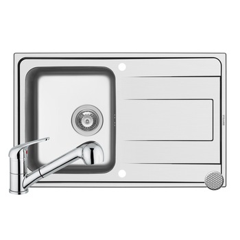 Set Pyramis ALEA si baterie FIDO, 1 cuva 1 picurator, 790x500mm, adancime 180mm, reversibila, dus, cap extractabil, finisaj inox antizgariere si cromat Set Pyramis ALEA si baterie FIDO, 1 cuva 1 picurator, 790x500mm, adancime 180mm, reversibila, dus, cap extractabil, finisaj inox antizgariere si cromat