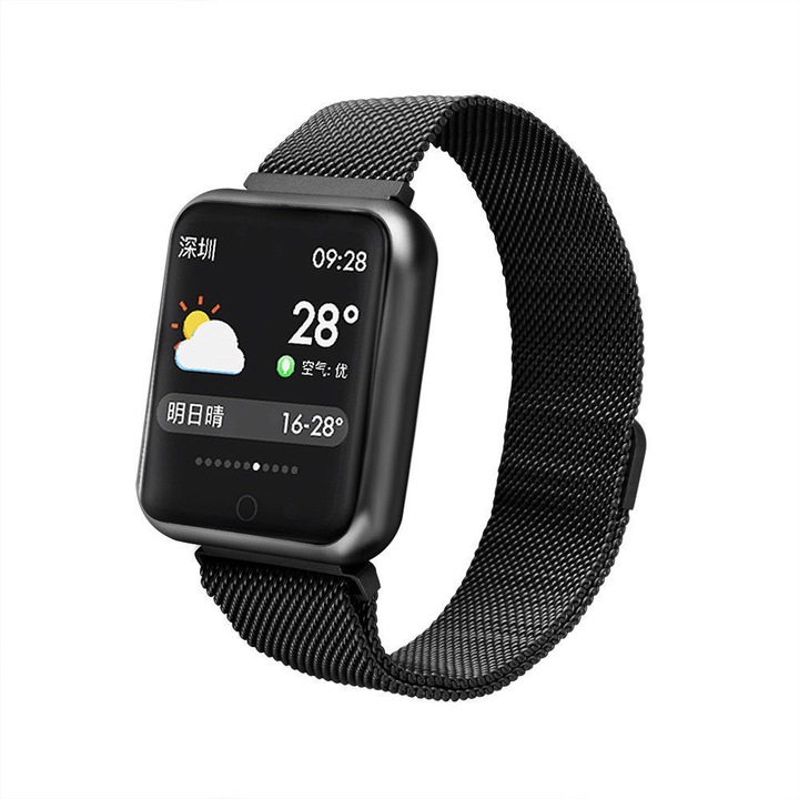 Smart Watch SmartVIBE fitnesz karkötő, teljes fém, hívásértesítések / üzenetek / Facebook, 1,3" teljes OLED kijelző, pulzusmérő és vérnyomás, vízálló, lépésszámláló, fotóvezérlés, rozsdamentes acél, fekete