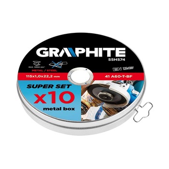 Set de 10 discuri pentru taierea metalului, 115x22mm, 55H574, Graphite Set de 10 discuri pentru taierea metalului, 115x22mm, 55H574, Graphite