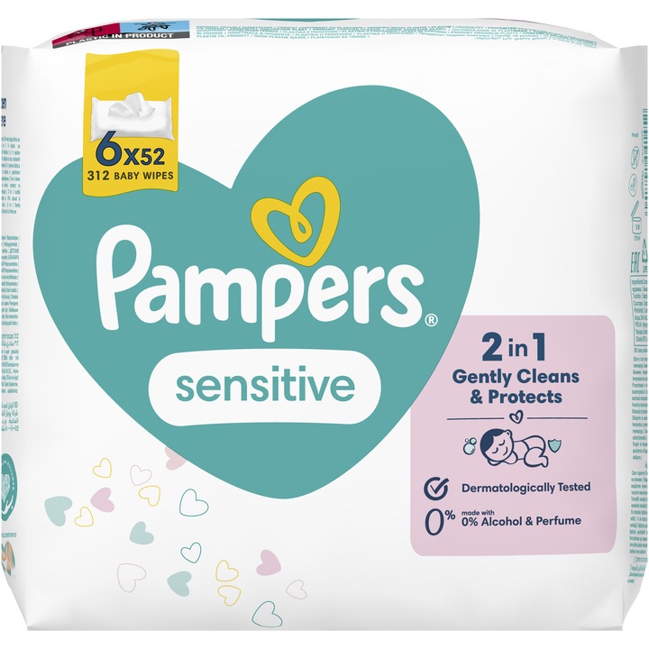 Мокри кърпички Pampers Sensitive, 6 пакета x 52, 312 бр
