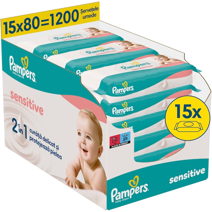 Мокри кърпички Pampers Sensitive, 15 пакета x 80, 1200 броя