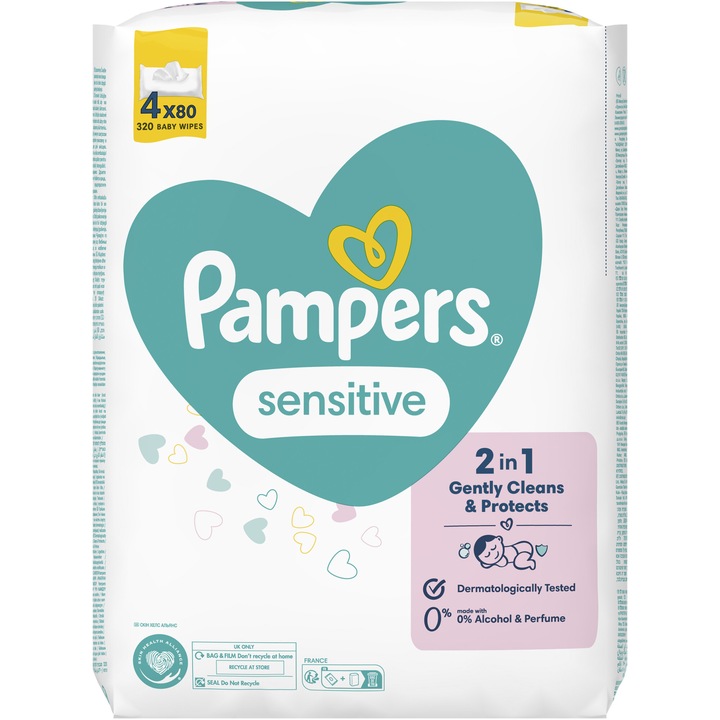 Морки кърпички Pampers Sensitive, 4 пакета x 80, 320 броя
