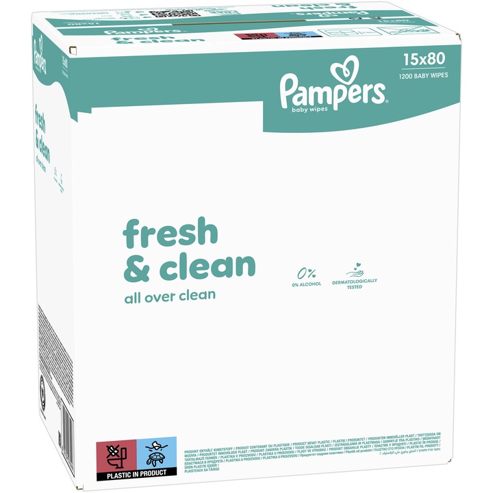 Мокри кърпички Pampers Fresh Clean, 15 пакета x 80, 1200 броя
