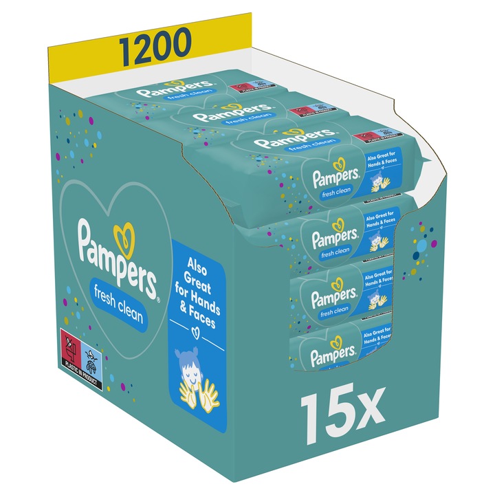 Мокри кърпички Pampers Fresh Clean, 15 пакета x 80, 1200 броя