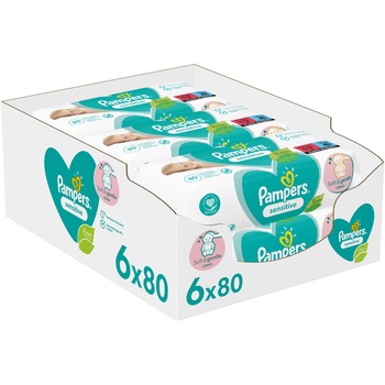 Servetele umede Pampers Sensitive, 6 pachete x 80, 480 buc Servetele umede Pampers Sensitive, 6 pachete x 80, 480 buc