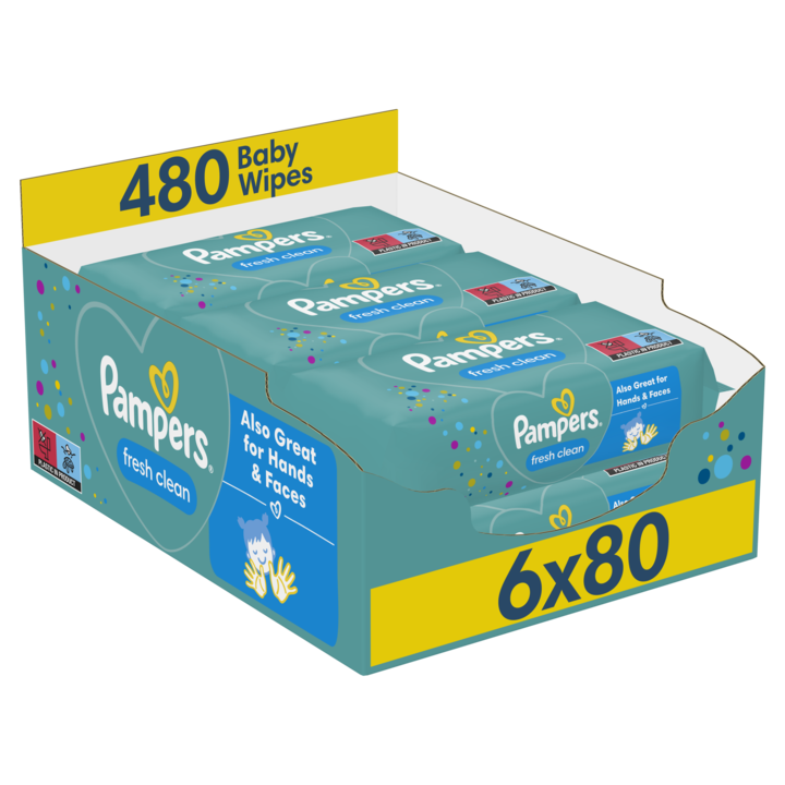 Мокри кърпички Pampers Fresh Clean, 6 пакета x 80, 480 броя