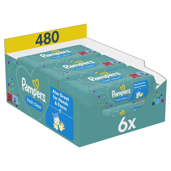 Мокри кърпички Pampers Fresh Clean, 6 пакета x 80, 480 броя