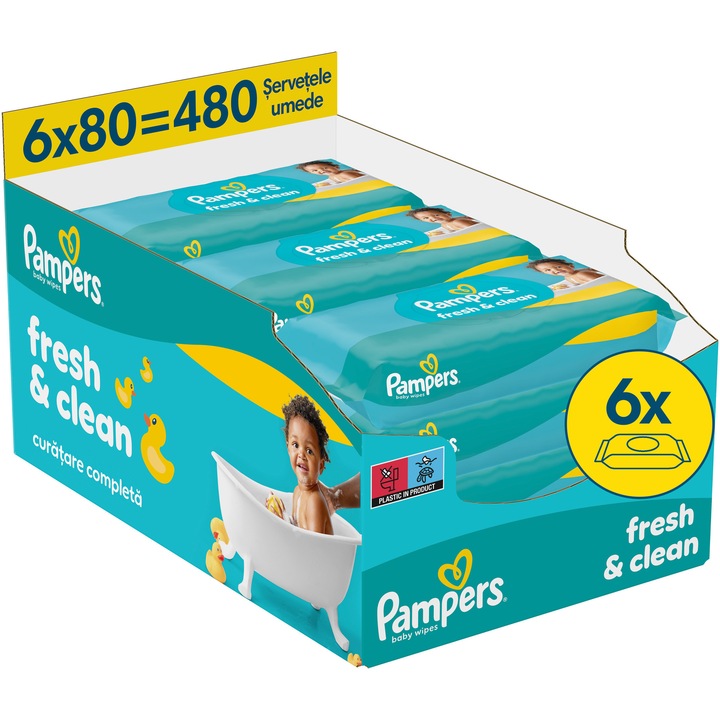Servetele umede Pampers Fresh Clean, 6 pachete x 80 servetele, 480 buc