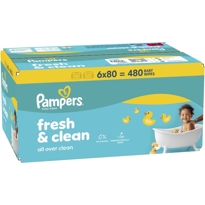 Мокри кърпички Pampers Fresh Clean, 6 пакета x 80, 480 броя