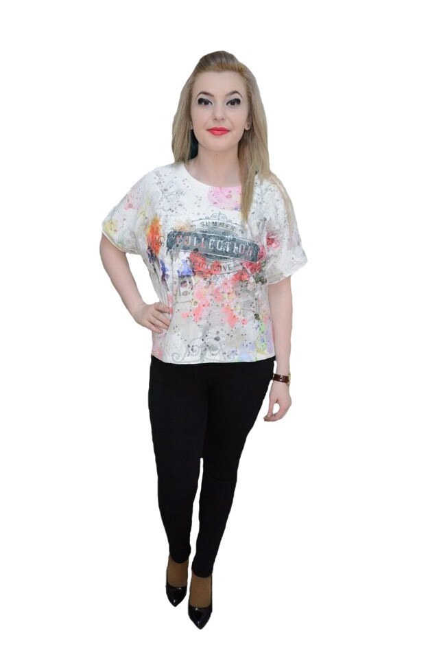 Tricou larg cu croi asimetric, alb, imprimeu rafinat, D&J Exclussive, Alb