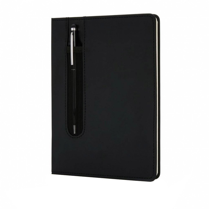 Agenda A5 coperta tare PU standard si pix metalic stylus, Everestus, SD, hartie, otel inoxidabil, negru, lupa de citit inclusa