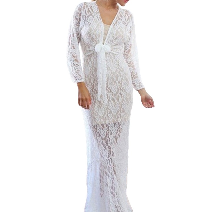 Дълга рокля с бяла дантела, Eviza, бяла, размер S