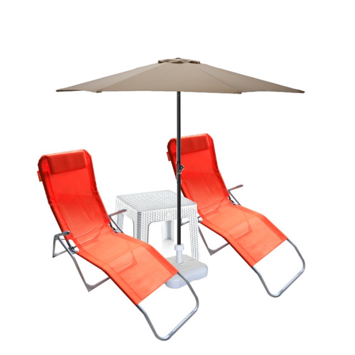 Set 2 sezlonguri pliant CULINARO oranj 140x58x98cm+masa alba+umbrela 270cm cu suport