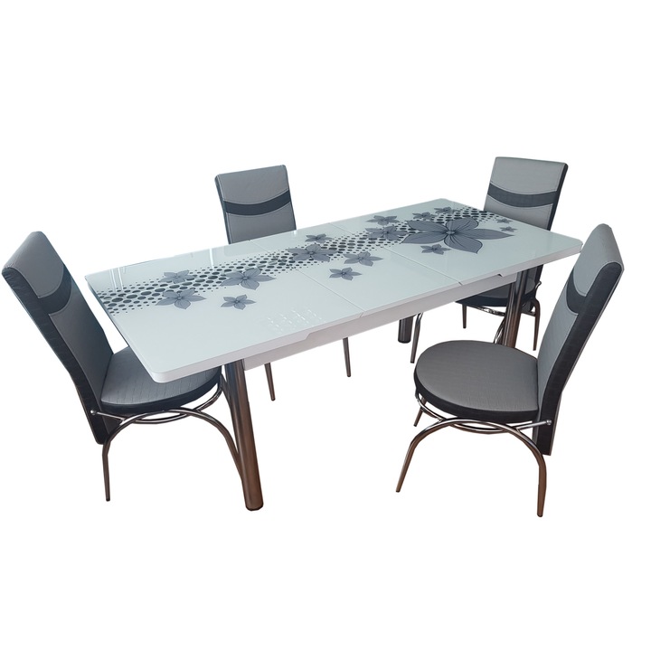 Set Masa extensibila geam securizat + 6 scaune Silver Glam Modella, gri/alb, 170x80x70 cm, blat sticla securizata, scaune piele eco