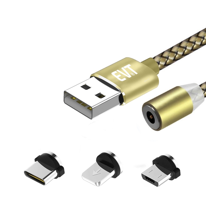 Cablu de incarcare EVTrend® PREMIUM MAGNETIC, 3 in 1, USB-C, Micro-USB, compatibil cu Apple, conectori metalici din aluminiu, invelis protector din nylon composit impletit, USB, 5V, 2A, 1m, LED, AURIU