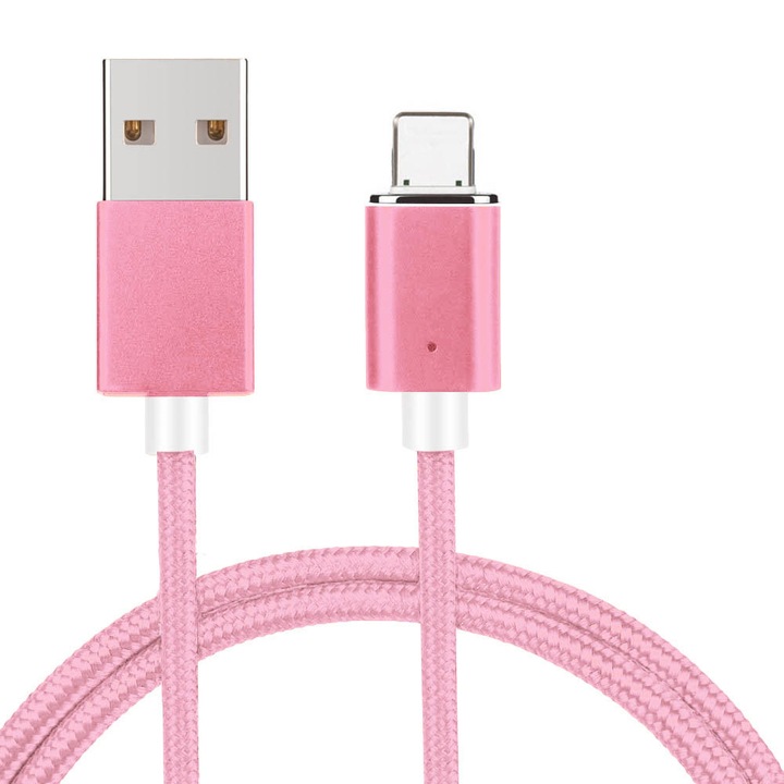 Кабел за бързо зареждане и пренос на данни, EVTrend PREMIUM MAGNETIC, съвместим с Apple, алуминиев метален конектор, плетен композитен найлонов защитен капак, за Apple iPhone, iPad, бързо зареждане, USB, 5V, 3A, 1m, LED, РОЗОВ