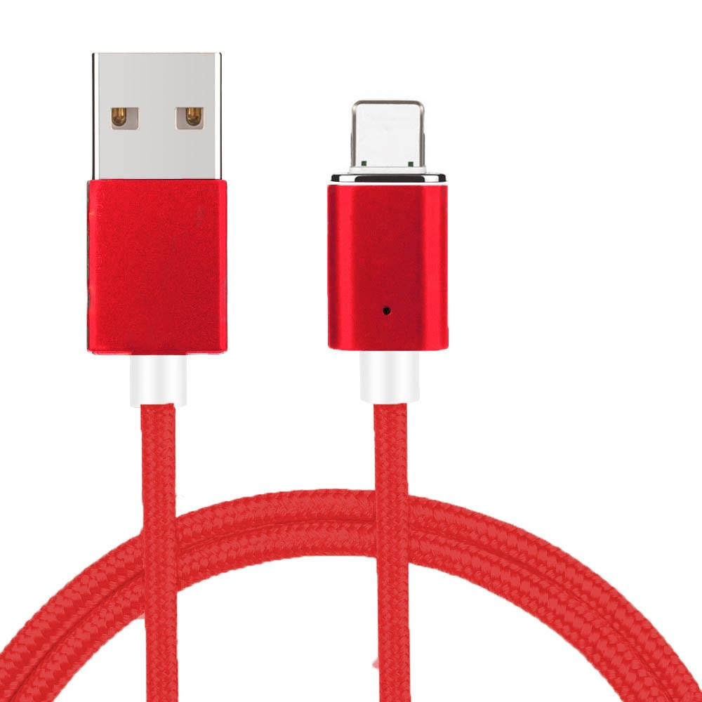 Cablu de incarcare rapida si transfer de date EVTrend® PREMIUM MAGNETIC, Lightning, conector metalic din aluminiu, invelis protector din nylon composit impletit, pentru Apple iPhone, iPad, fast-charge, USB, Lightning, 5V, 3A, 1m, LED, ROSU