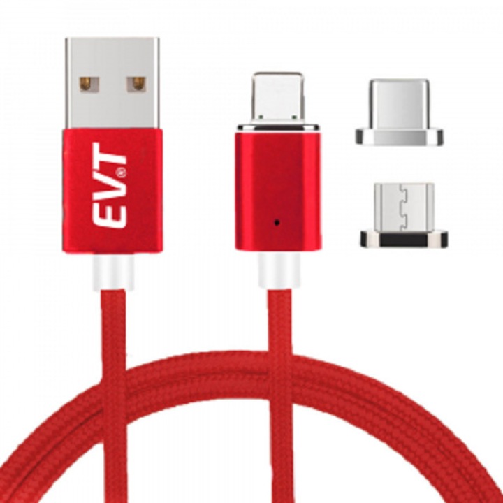 EVTrend® PREMIUM MAGNETIC кабел за бързо зареждане и пренос на данни, 3 в 1, USB-C, Micro-USB, съвместим с Apple, алуминиеви метални конектори, плетен композитен найлонов защитен капак, бързо зареждане, 5V, 3A, 1m, LED, ЧЕРВЕН