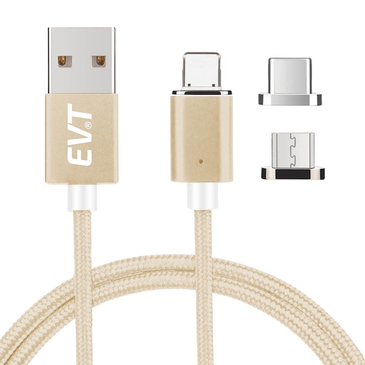 Кабел за бързо зареждане и пренос на данни EVTrend, Съвместим с Apple, 3в1, USB-C, Micro-USB, Алуминиеви метални конектори, Бързо зареждане, 5V, 3A, 1m, LED, Златист