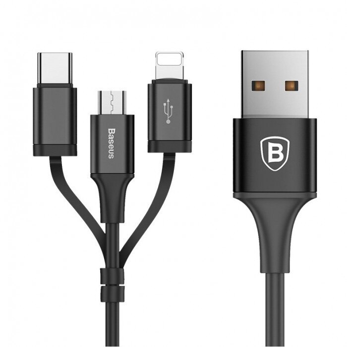 Cablu de date/incarcare Baseus, Excellent 3in1 USB, Micro USB/Lightning/USB-C, Negru