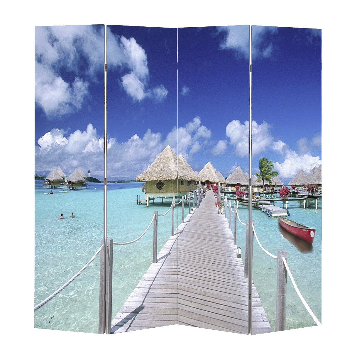 Paravan de camera cu model printat plaja, vidaXL, Cadru de lemn, 160 x 180 cm, Multicolor