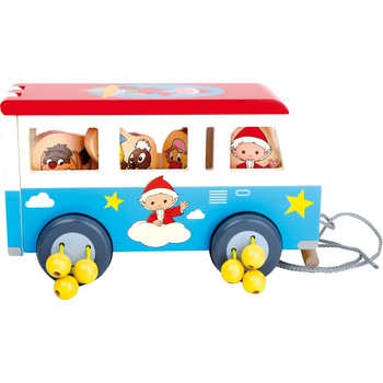 Autobuz de tras, lemn, 4 figurine incluse, 3 ani+ Autobuz de tras, lemn, 4 figurine incluse, 3 ani+