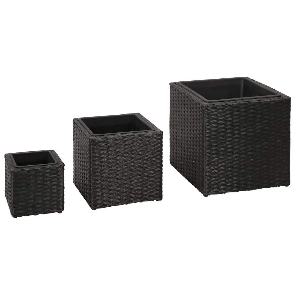 Set de 3 jardiniere de gradina, vidaXL, Poliratan, Negru