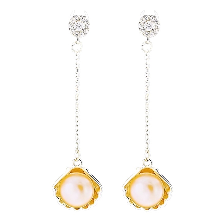 Cercei din Argint 925 cu Perle Naturale si Diamante, Eva Pink