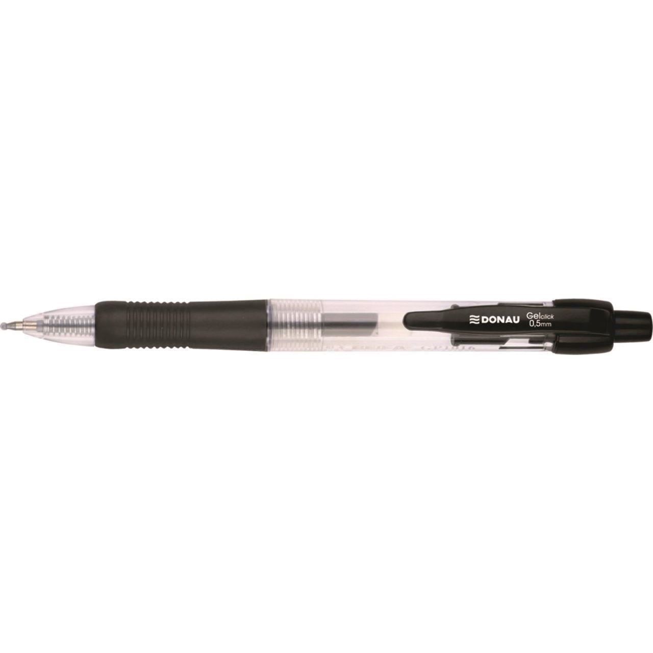Pix cu gel si mecanism DONAU, corp transparent cu grip, scriere de 0.5 mm, negru