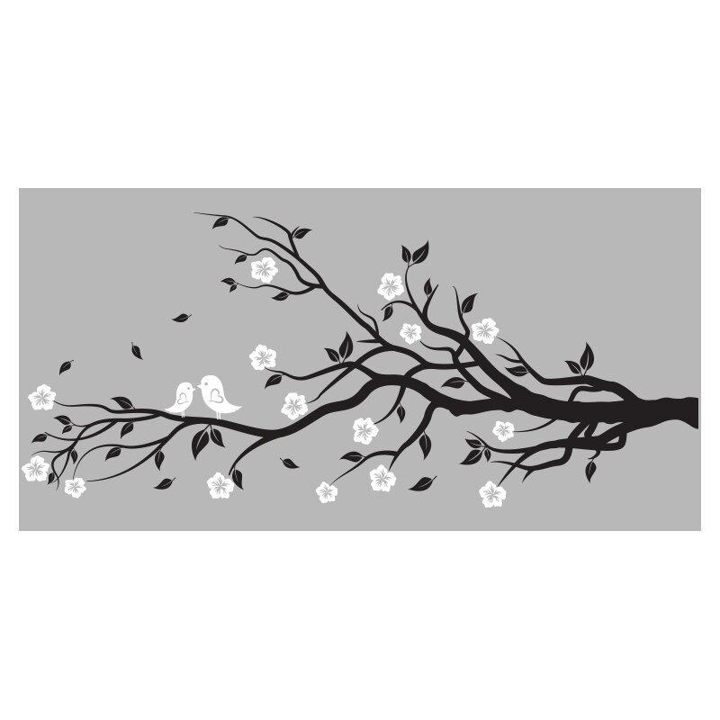 Sticker Decorativ - SMAER - Creanga de copac cu Flori & Pasari - 120cm x 50cm - Negru&Alb