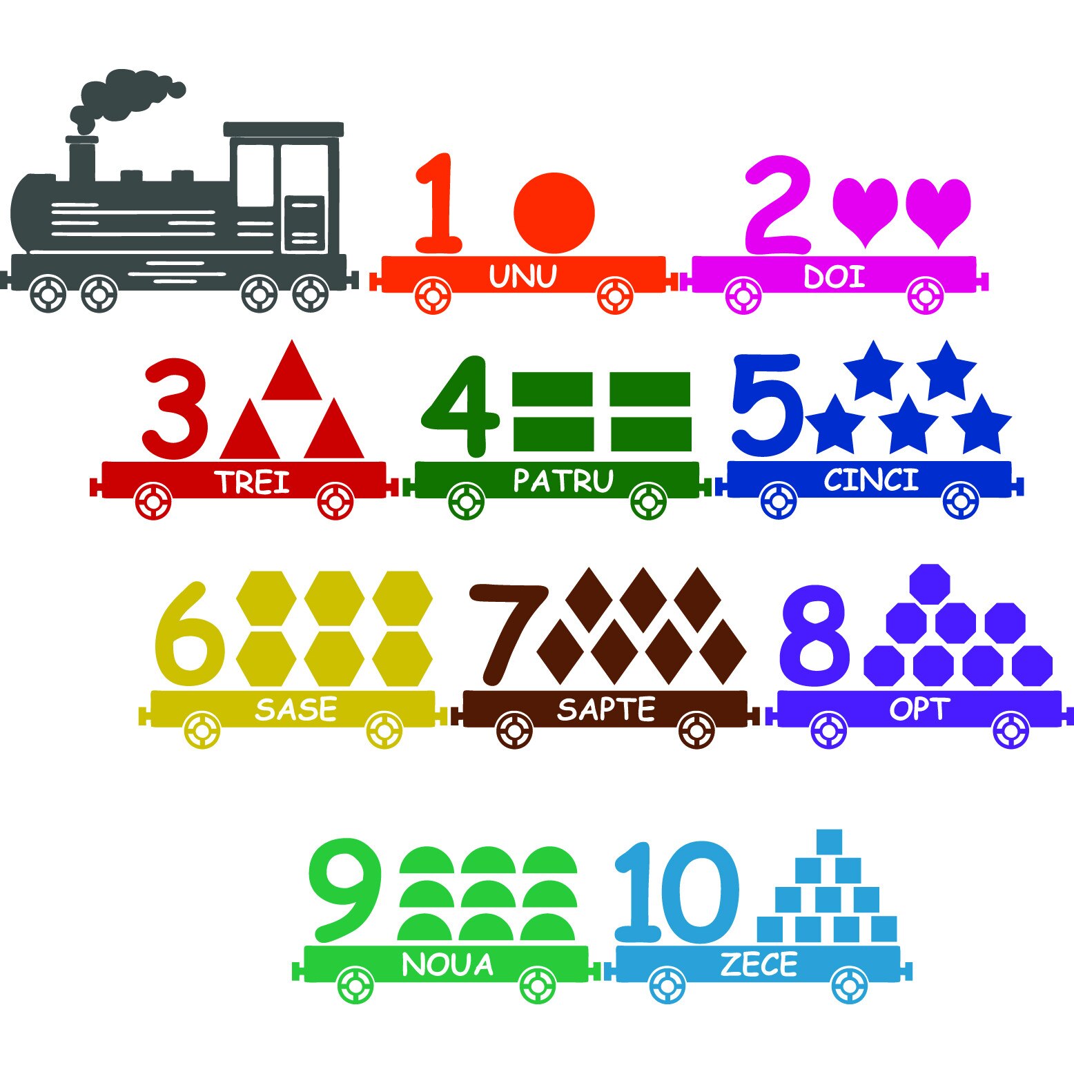 Sticker decorativ Trenuletul cu numere, forme si culori, Stickero, 20cm x350cm