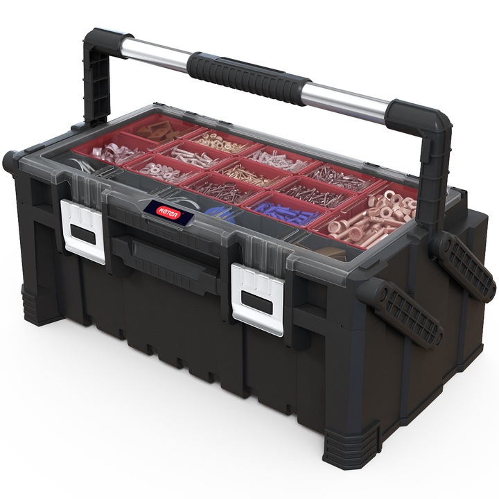 Cutie unelte cu 11 separatoare Keter Cantilever Pro, plastic, 22'', 26L, negru/rosu