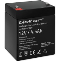 Acumulator Baterie Qoltec 53033 AGM 12V 4.5Ah Fara Intretinere Durata Lunga De Viata Puternica Fiabila Pentru UPS Alarme Iluminat Urgenta Vehicule Tehnologie Robusta Rezistent Socuri Scurgeri 70x90x100mm Negru