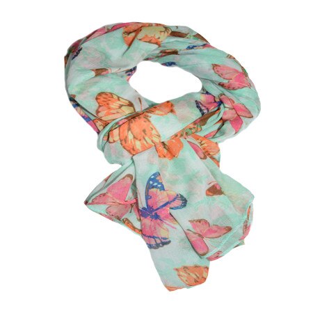 Esarfa mare de vara, iarna, culoare turcoaz cu fluturi colorati, D&J Exclussive
