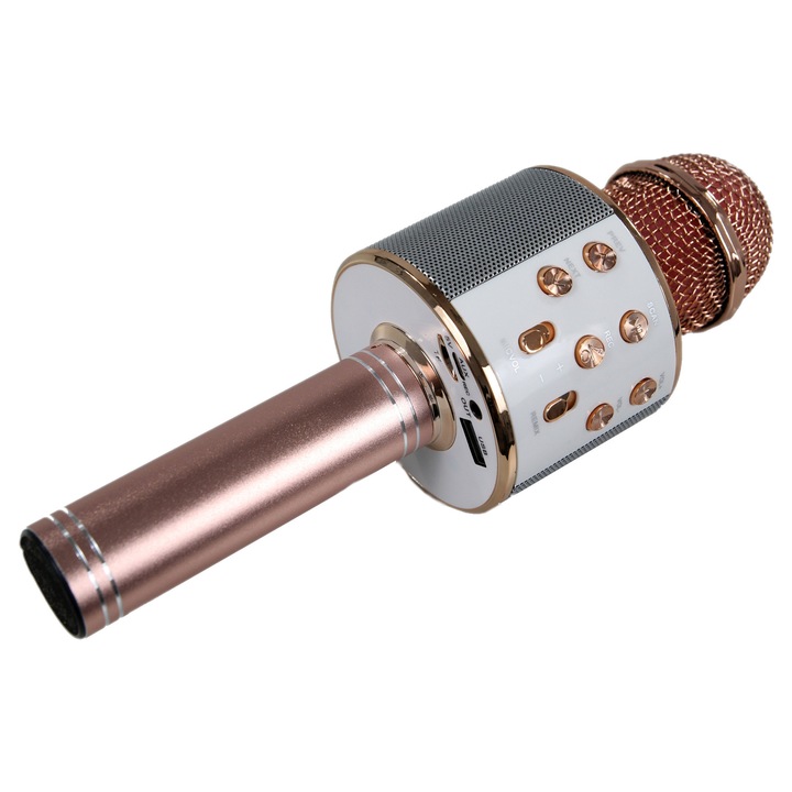 Soundvox WS-858 vezeték nélküli karaoke mikrofon, Bluetooth, hangszóróval, halvány rózsaszín + univerzális asztali állvány, tabletekhez vagy telefonokhoz