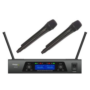 Set 2 Microfoane Ibiza Wireless cu Receiver cu 2 antene , afisaj Lcd , reglaj volum Set 2 Microfoane Ibiza Wireless cu Receiver cu 2 antene , afisaj Lcd , reglaj volum