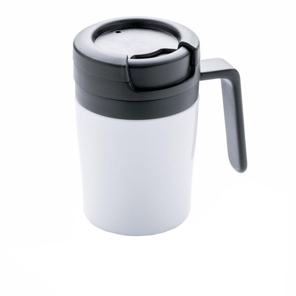 Cana de cafea 160 ml, perete dublu, XD by AleXer, CE01, polipropilena, otel inoxidabil, alb, breloc inclus din piele ecologica