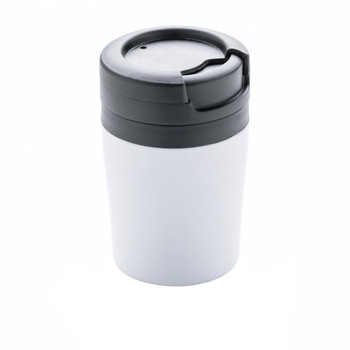 Cana coffee to go 160 ml, perete dublu, XD by AleXer, CE01, polipropilena, otel inoxidabil, alb, breloc inclus Cana coffee to go 160 ml, perete dublu, XD by AleXer, CE01, polipropilena, otel inoxidabil, alb, breloc inclus