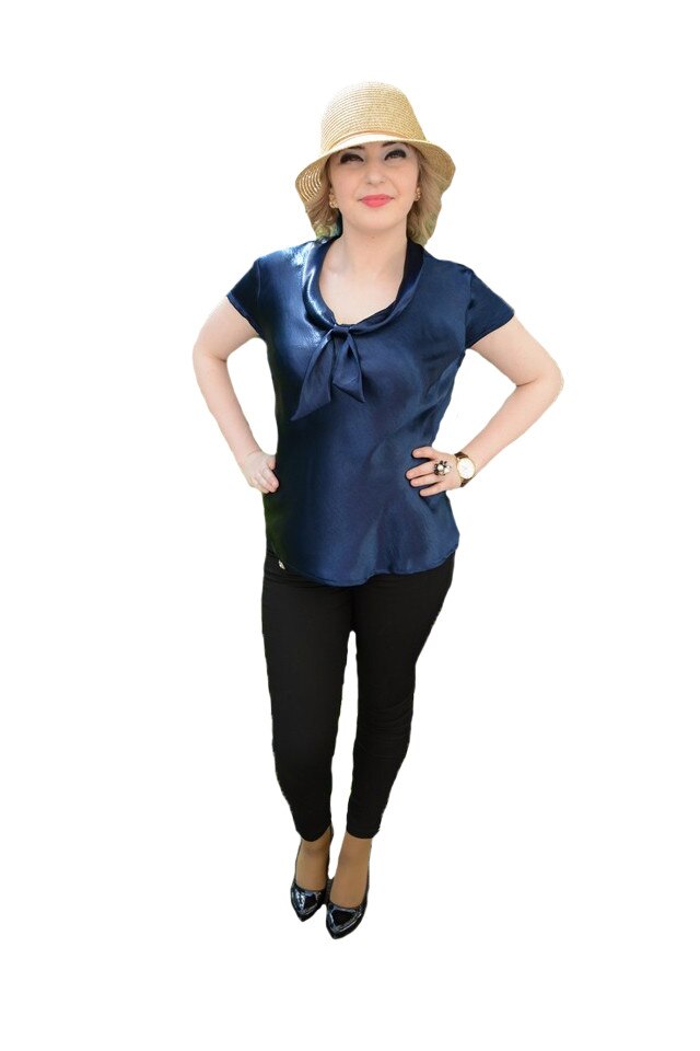 Bluza din saten , cu maneca scurta si usor evazata, D&J Exclussive, Albastru