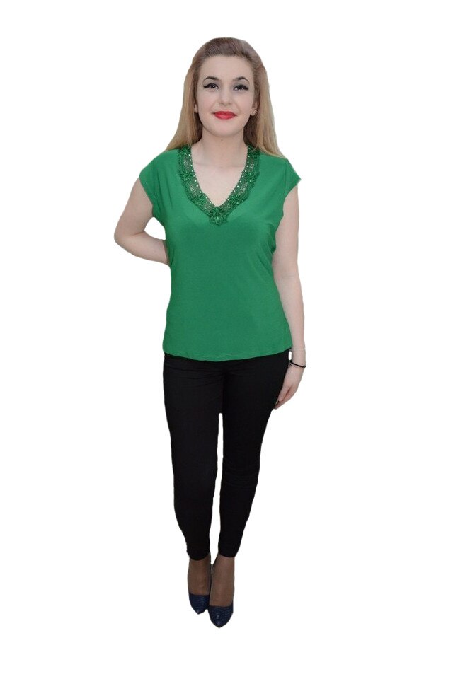 Tricou cu maneca scurta, decolteu in V, D&J Exclussive, Verde