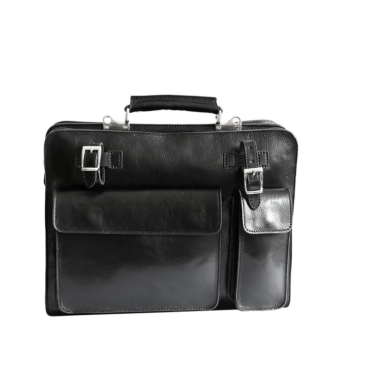 Geanta portlaptop din piele naturala vachetta, neagra, SS126