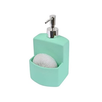 Dispenser ceramica cu suport si burete , Frandis , Verde deschis , 10 x 10 x 19 cm Dispenser ceramica cu suport si burete , Frandis , Verde deschis , 10 x 10 x 19 cm