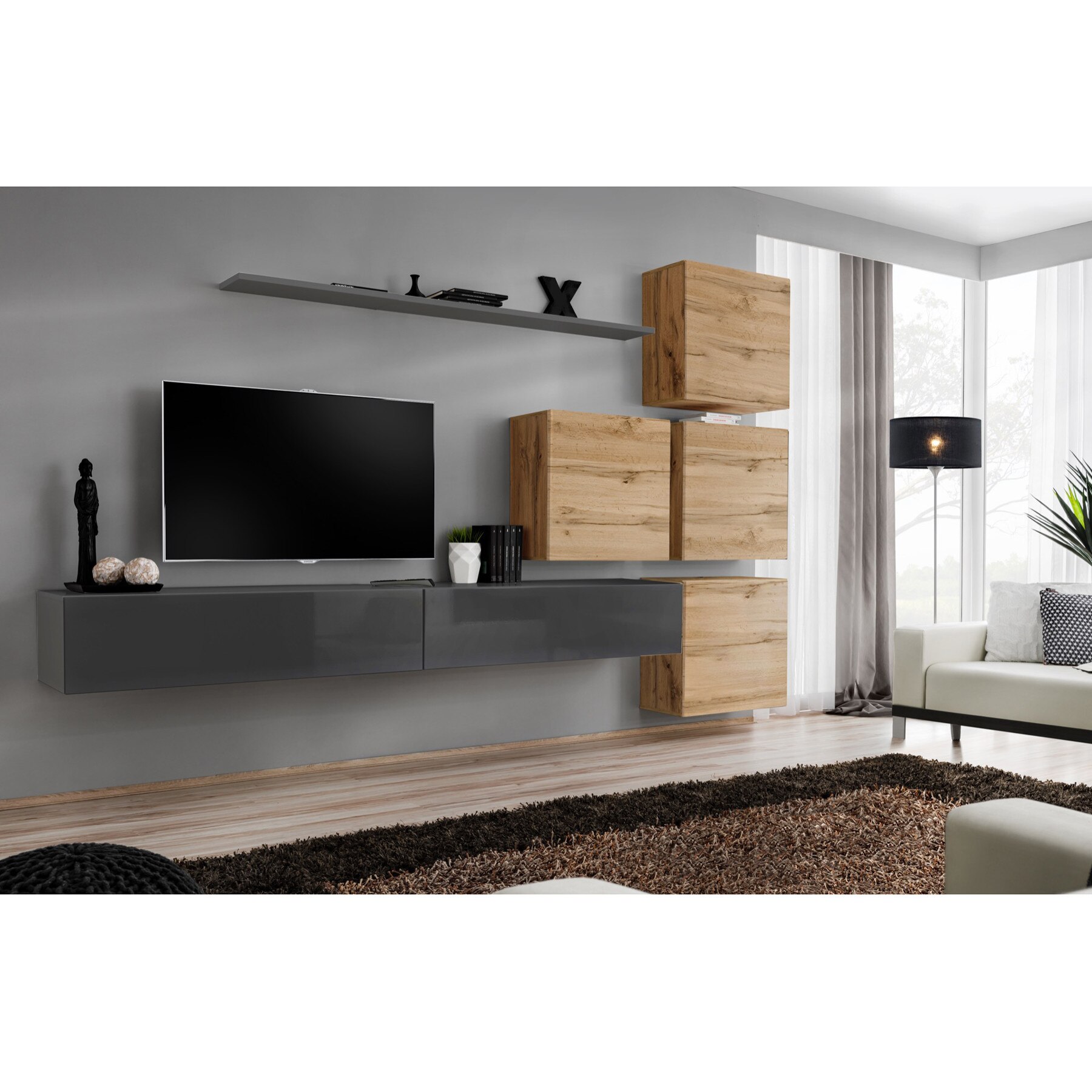 Set Living Genarom Switch9 GWT SW 9, Grafit/Stejar Wotan, 310 x 200 x 40 cm